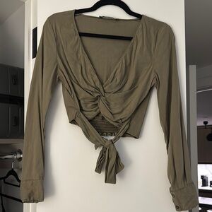 Zara Green Ruched Tie Front Long Sleeve Blouse